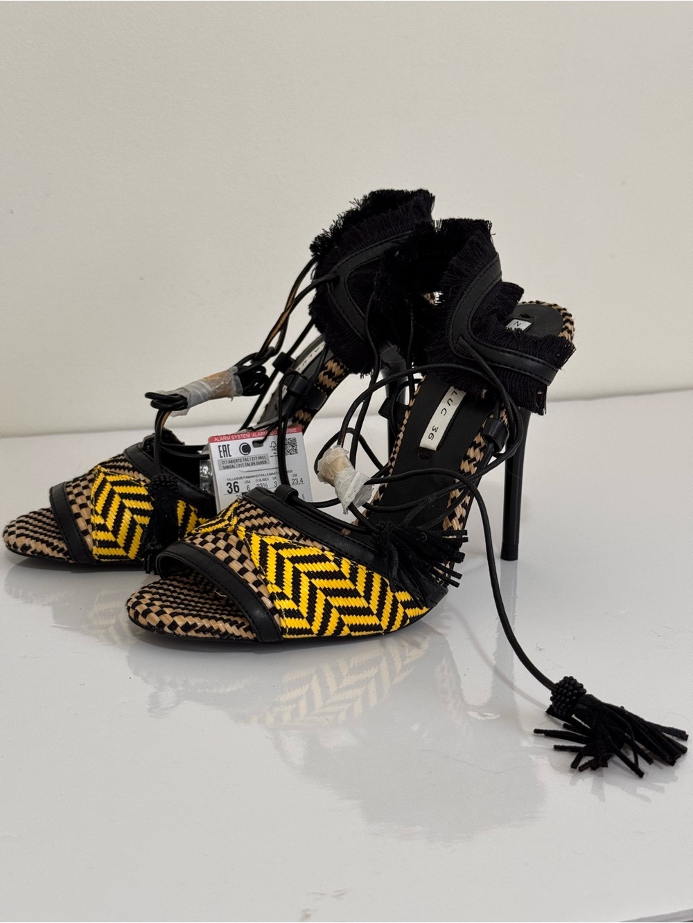 Zara Black and Yellow Braided Lace-Up High Heels
